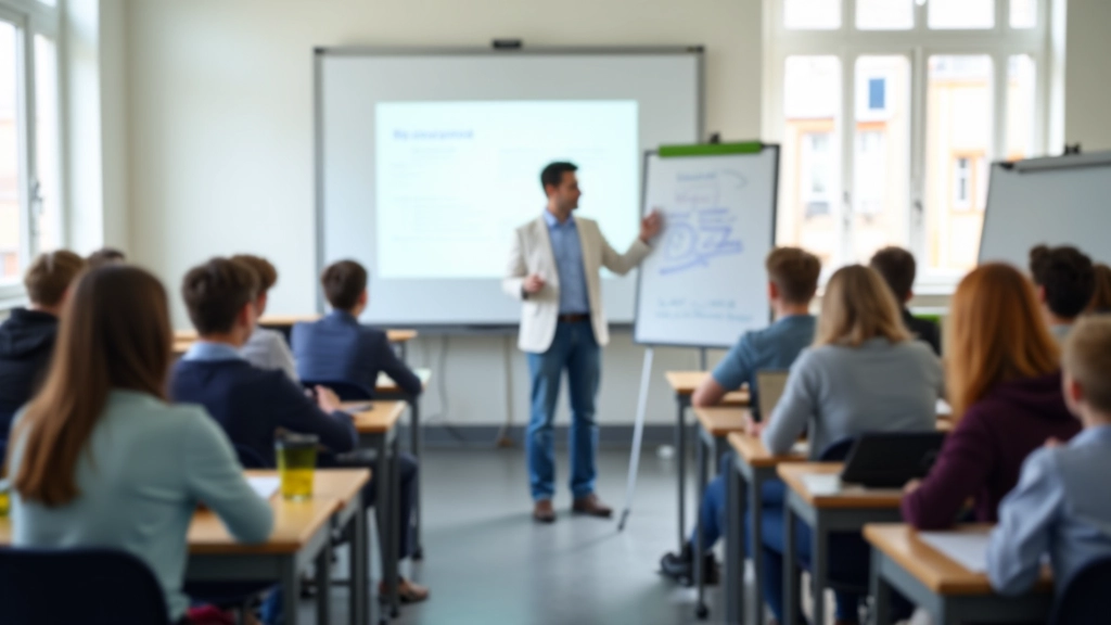 Kooliklassi õpetaja ja õpilased, kes õpivad küberturvalisuse harjutusi praktilist õppimisega