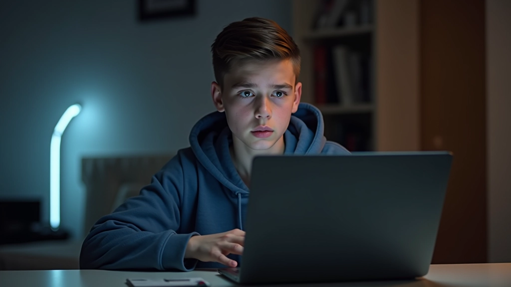 Noor inimene arvuti ees, muretseva avaldisega, turvalisuse sümbolid