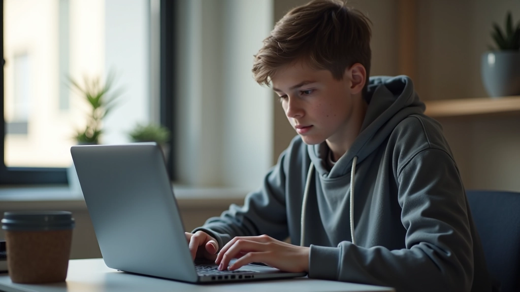 Noor õpilane arvutis istudes, kes analüüsib sotsiaalmeedia sisu kriitiliselt, klaasidega